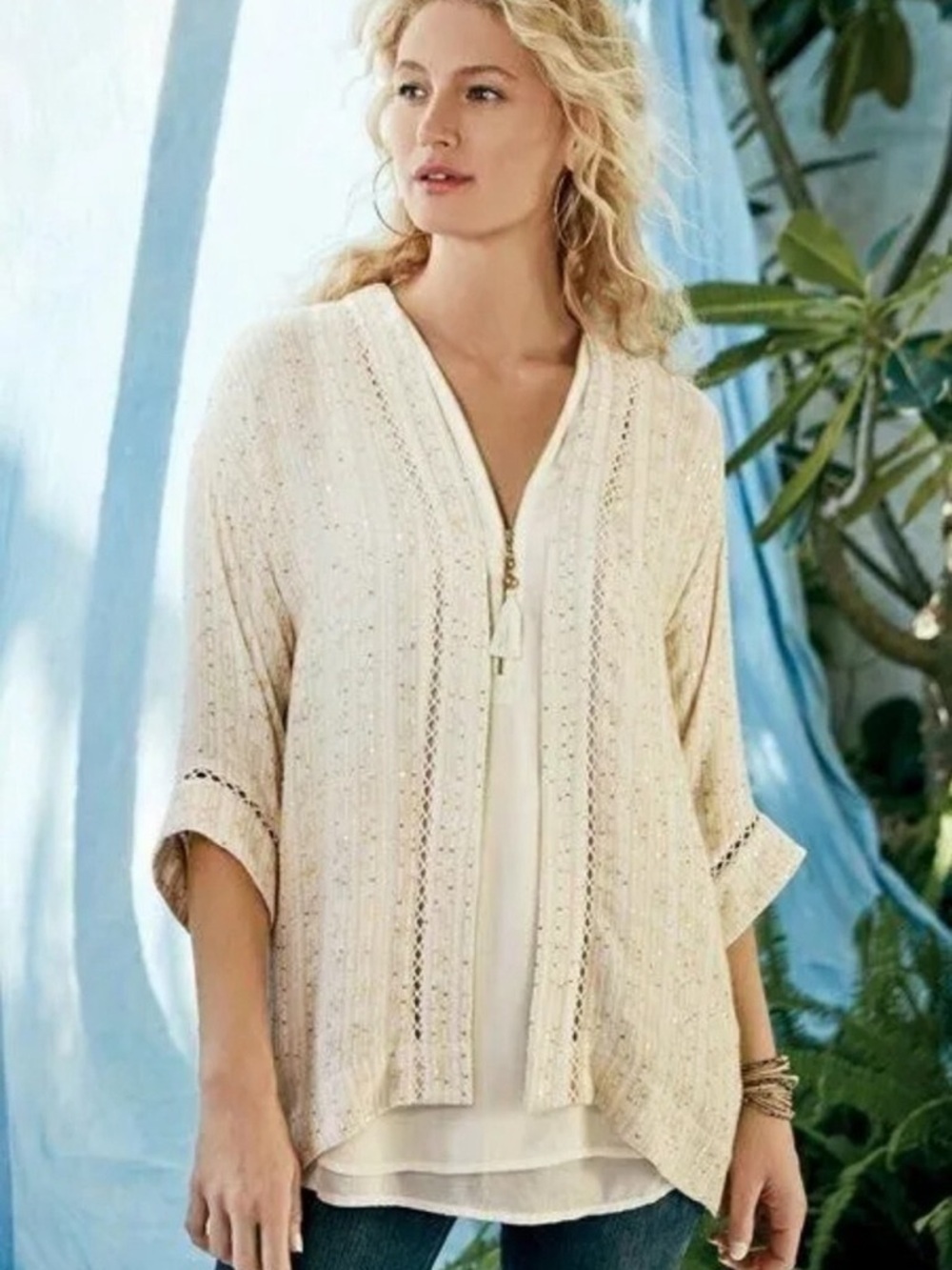 # Soft Surroundings 1X Cream Openwork Front Kimono-style Cardigan